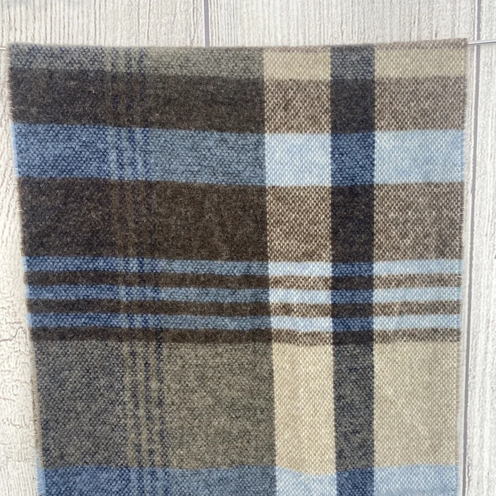 Italian Woollen Treasures Scarf Blue Brown Plaid 100% Wool 11